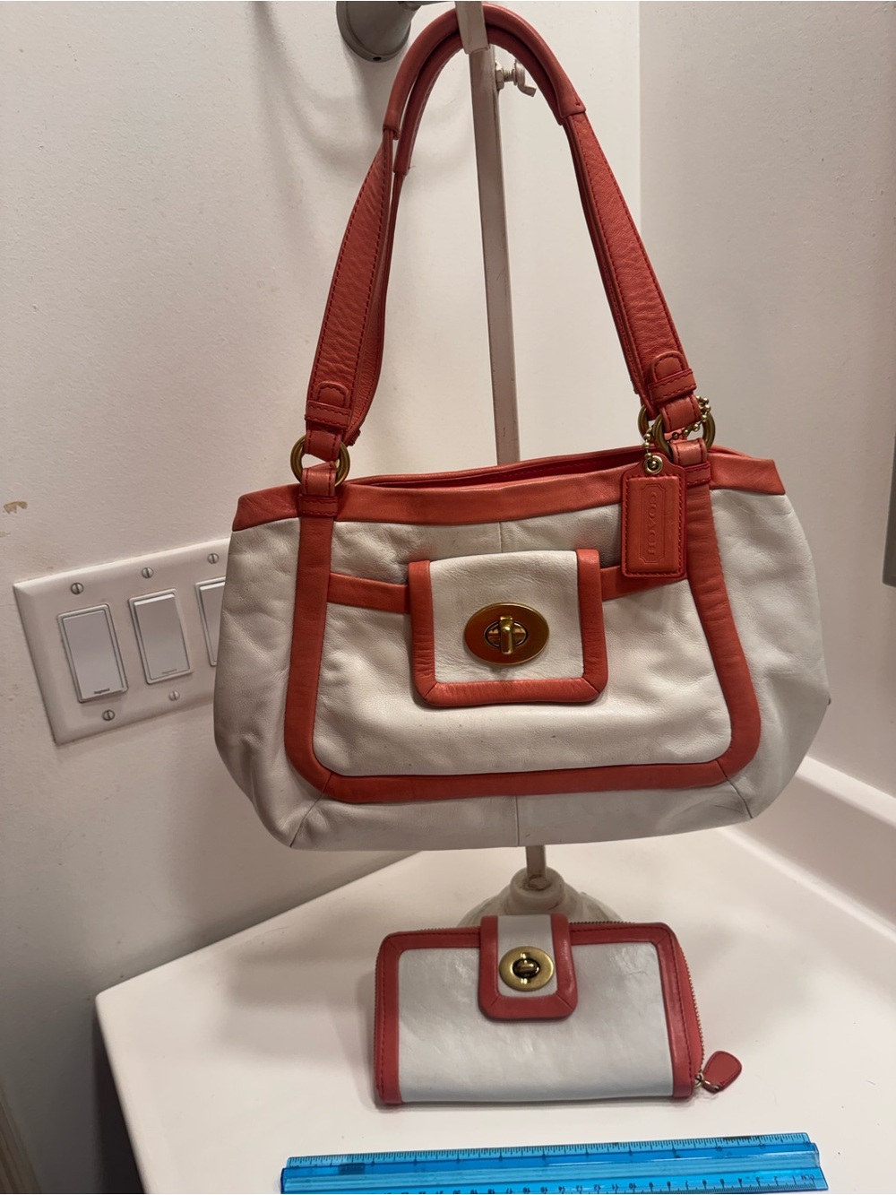 Coach Cricket SpectatorWhite and Coral Leather Shoulder Bag with Matching Wallet